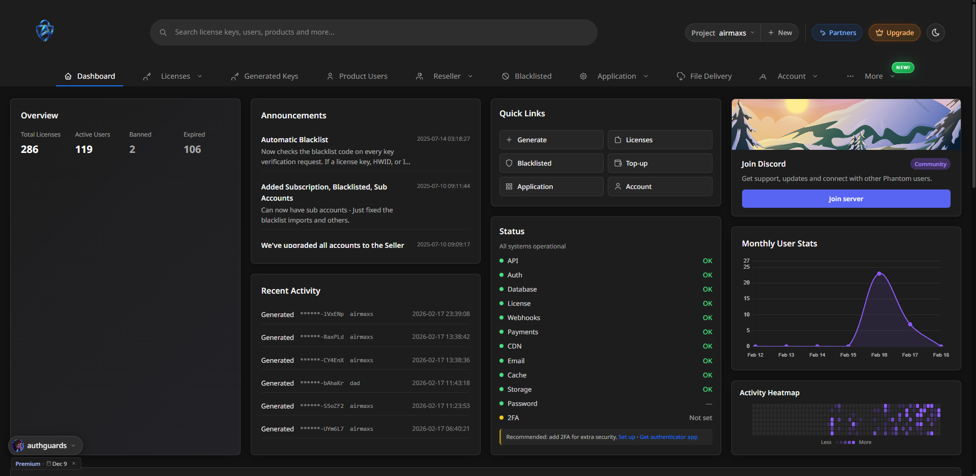 Dashboard preview showing license management interface