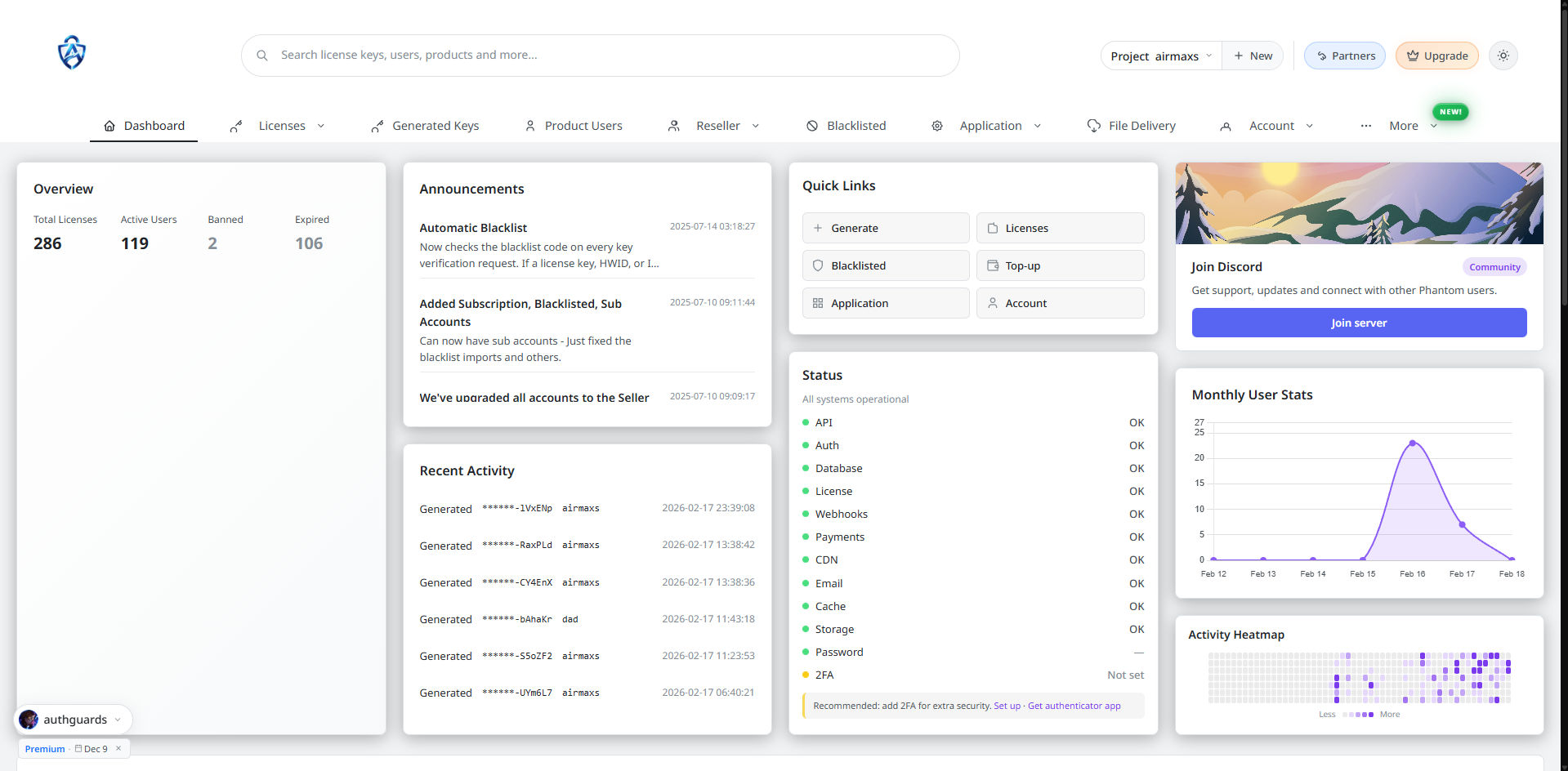 Dashboard preview showing license management interface